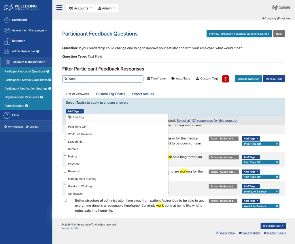 Well-Being Index Participant Feedback Questions Revamp Bulk Tagging