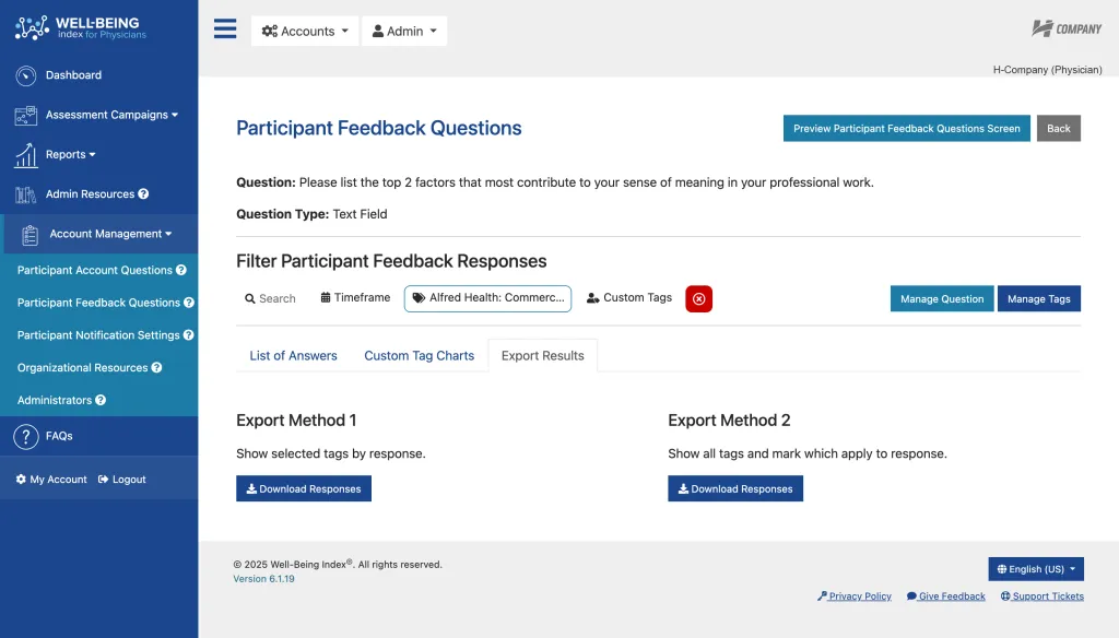 Well-Being Index Participant Feedback Questions Revamp Export Methods
