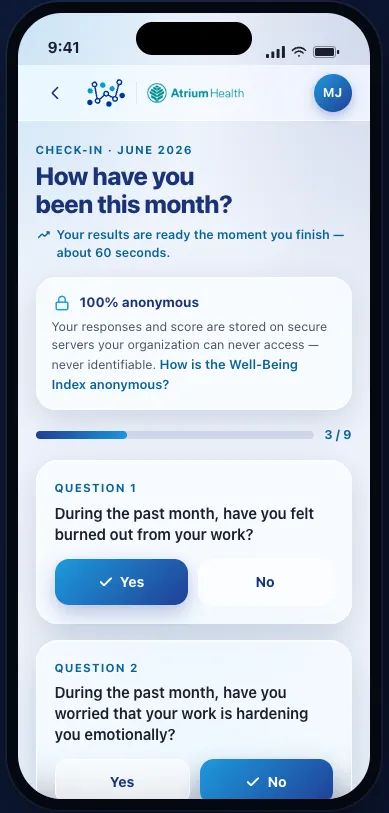 Well-Being Index mobile check-in screen asking how the participant has been this month, with a 100% anonymous notice
