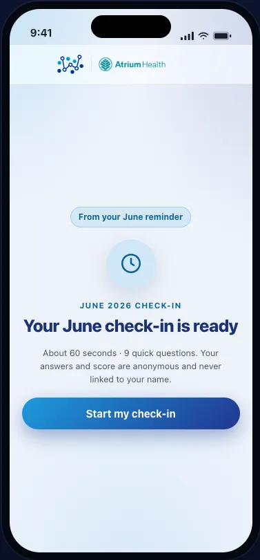 Well-Being Index check-in reminder screen with a Start My Check-In button