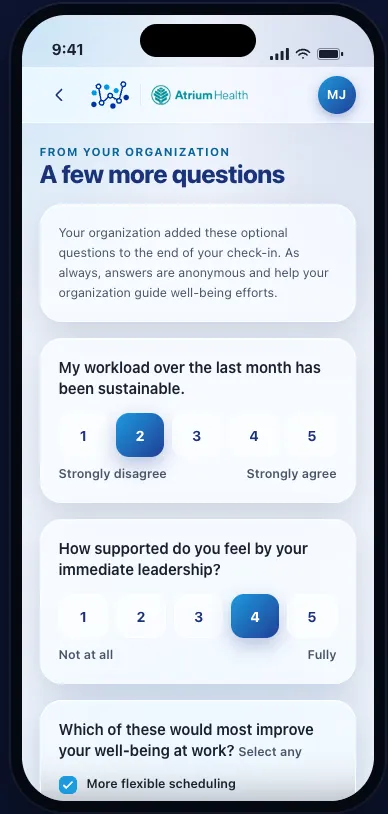 Well-Being Index custom questions screen with a rating scale and multiple-choice question added by the organization