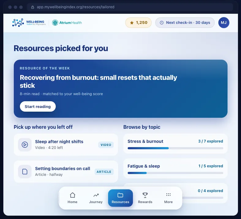 Well-Being Index resources screen with a resource of the week and topics matched to the participant's results