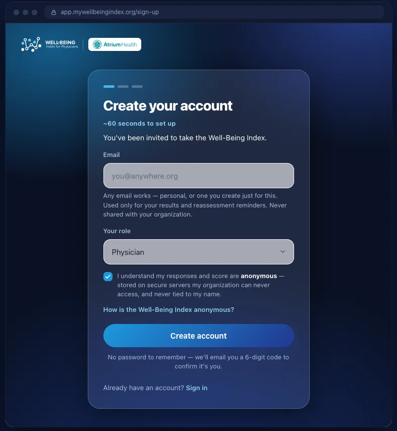 Well-Being Index account creation screen with email, role, and an anonymity confirmation checkbox