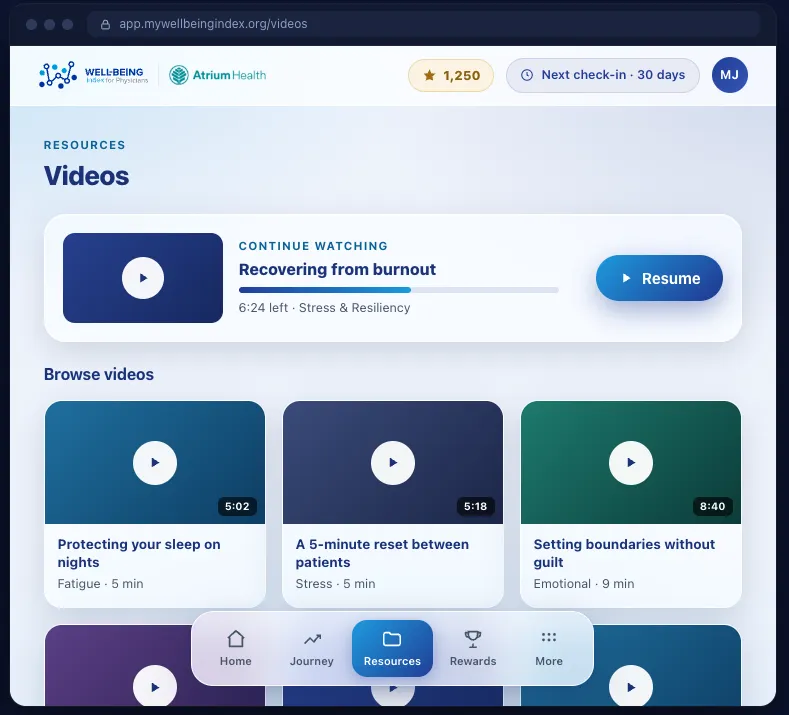 Well-Being Index resources video library screen as seen by a participant