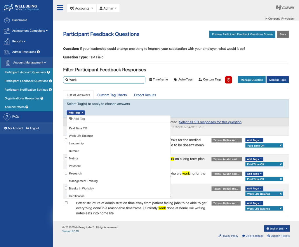 Well-Being Index Participant Feedback Questions Revamp Bulk Tagging