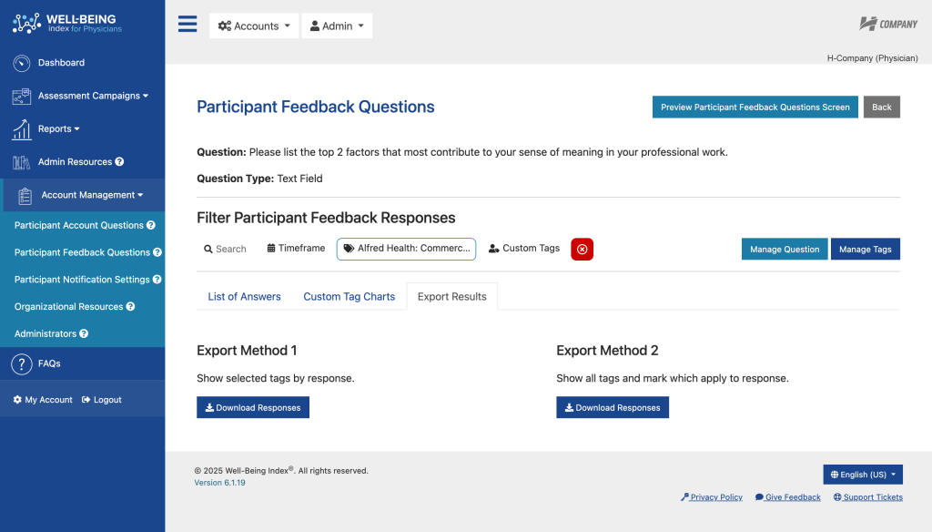 Well-Being Index Participant Feedback Questions Revamp Export Methods