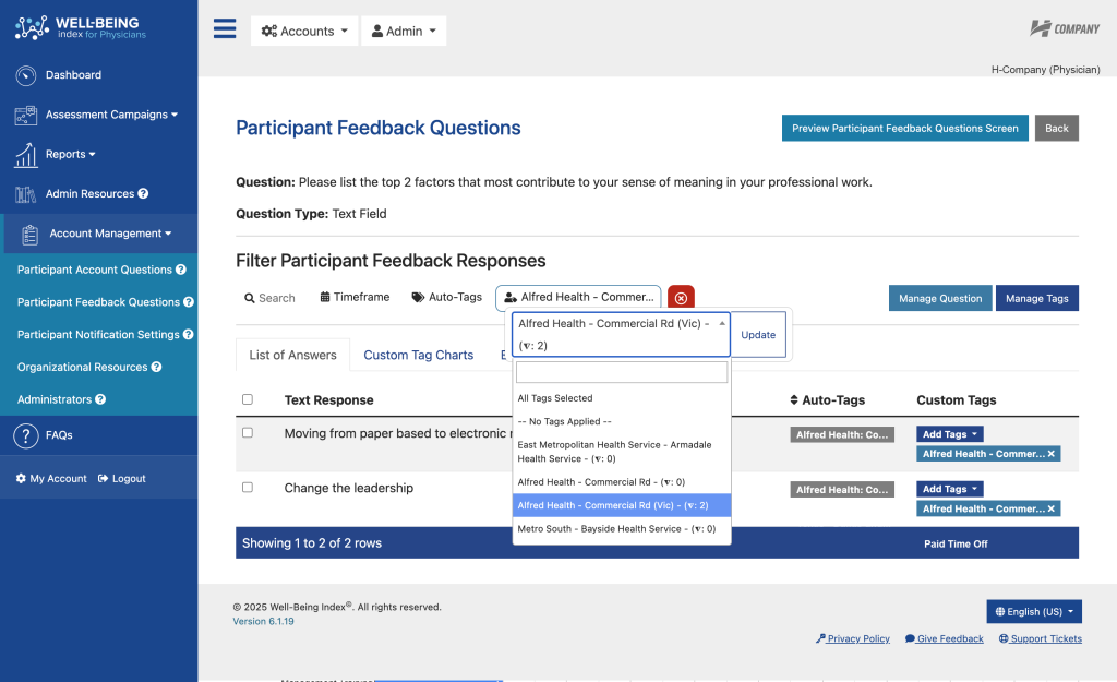 Well-Being Index Participant Feedback Questions Revamp Filters